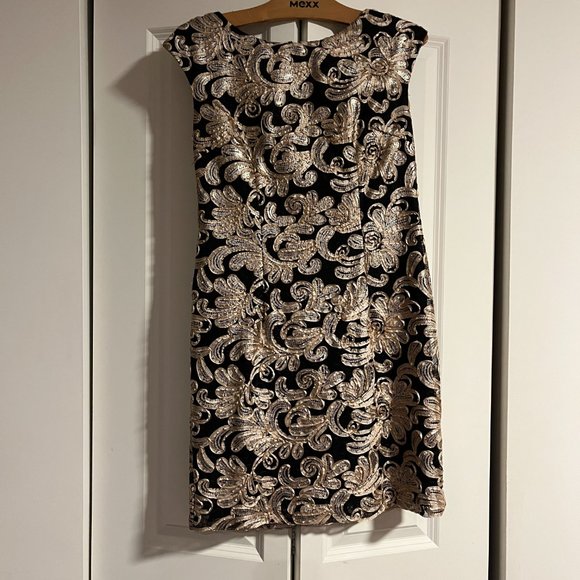 Betsy & Adam Black with Gold Ribbon and Sequin Embellished Sheath Dress - Picture 1 of 5